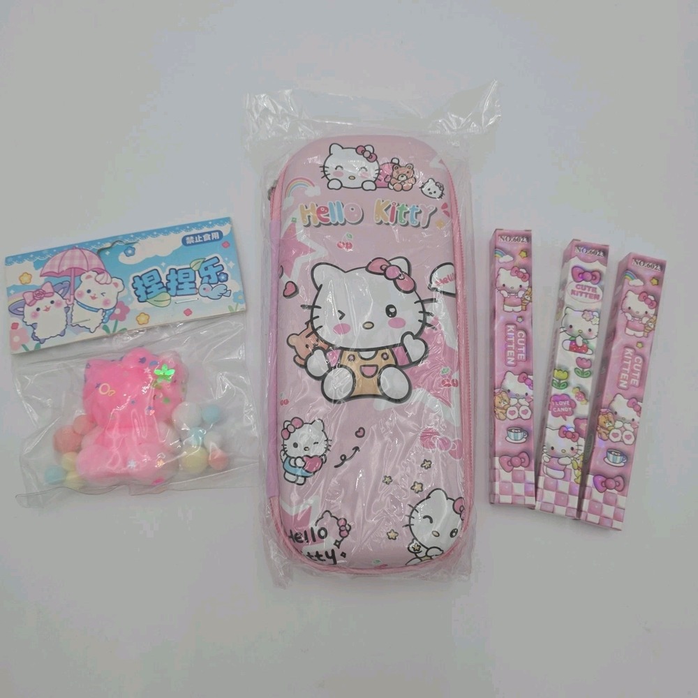 NEW! Sanrio Hello Kitty Stationery Set - Pencil Case, Mystery Pens+Bonus Squishy